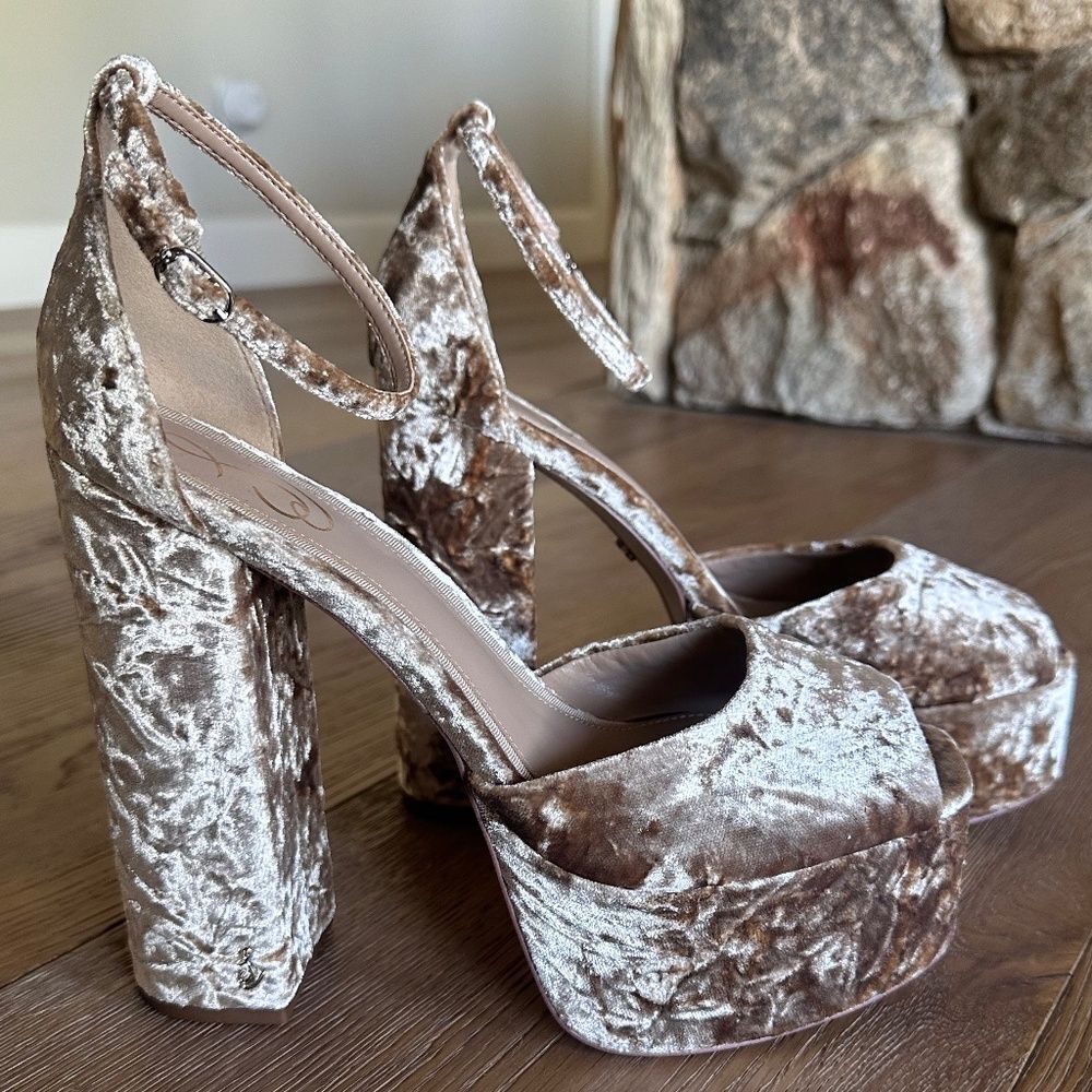 SAM EDELMAN Kori Platform Heel Velvet Prosecco Peep Toe Size 9 NEW - Picture 6 of 12